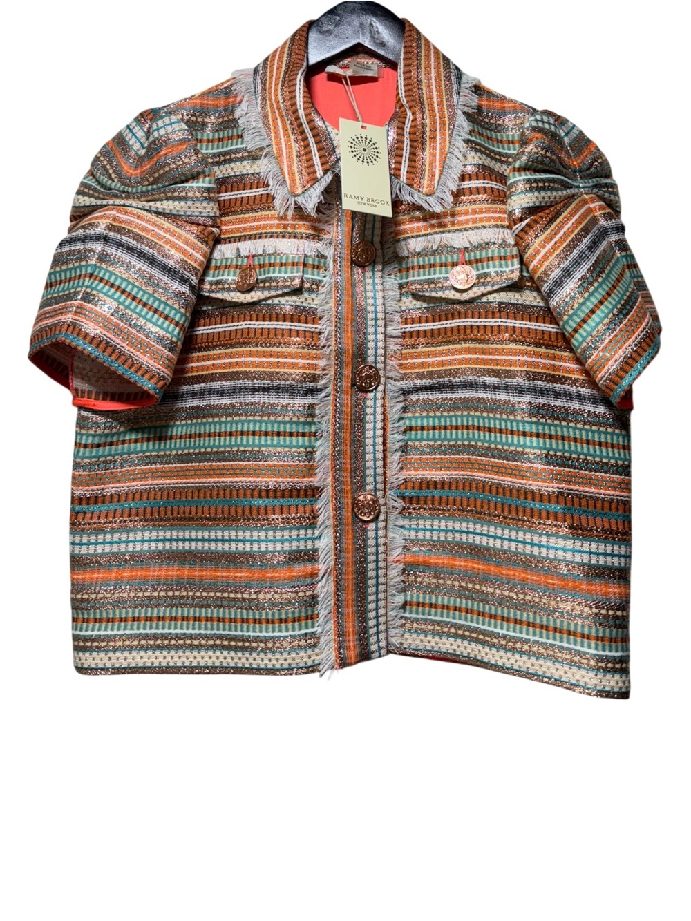 Ramy Brook Maron Jacket Tweed Striped Multicolor Short Sleeve Size 4 NWT 545$